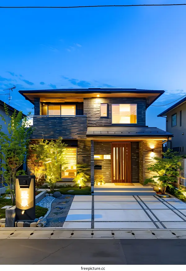 Modern Brick House with Stone Walkway and Landscape Design