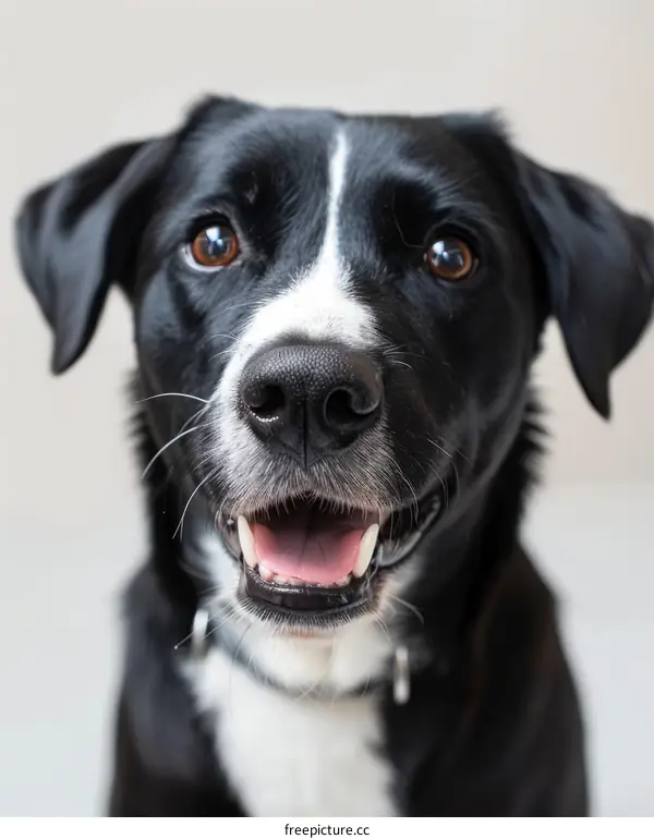 A close-up portrait of a happy black dog