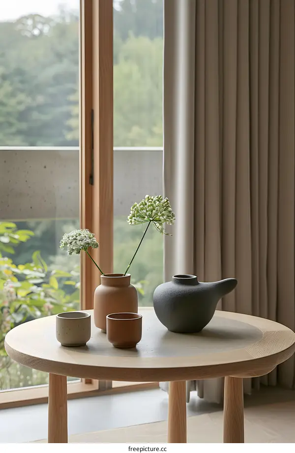 Round Wooden Table with Grey Teapot and Flower Vases