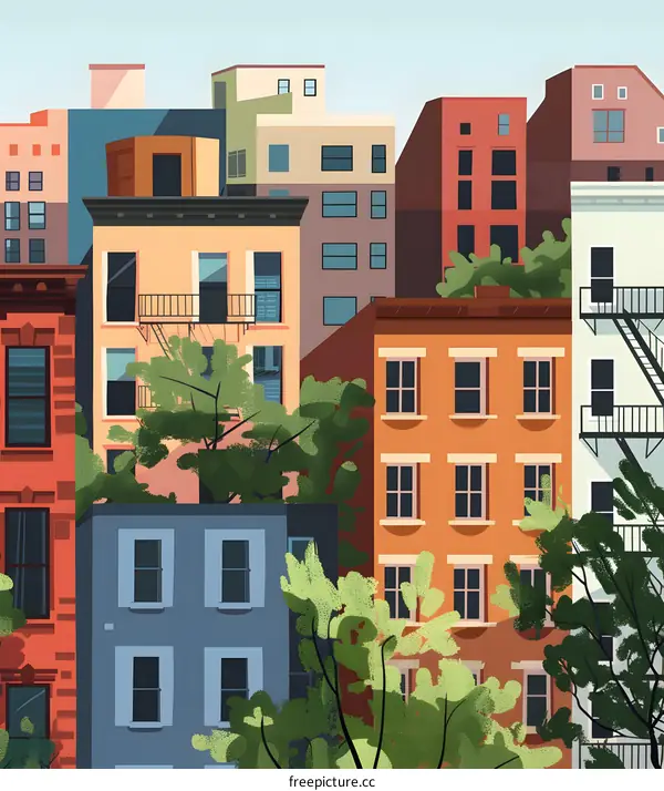 Cityscape Illustration with Colorful Buildings and Greenery