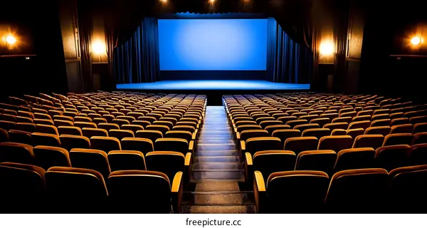 Empty Theater Seats and Stage with Blue Screen