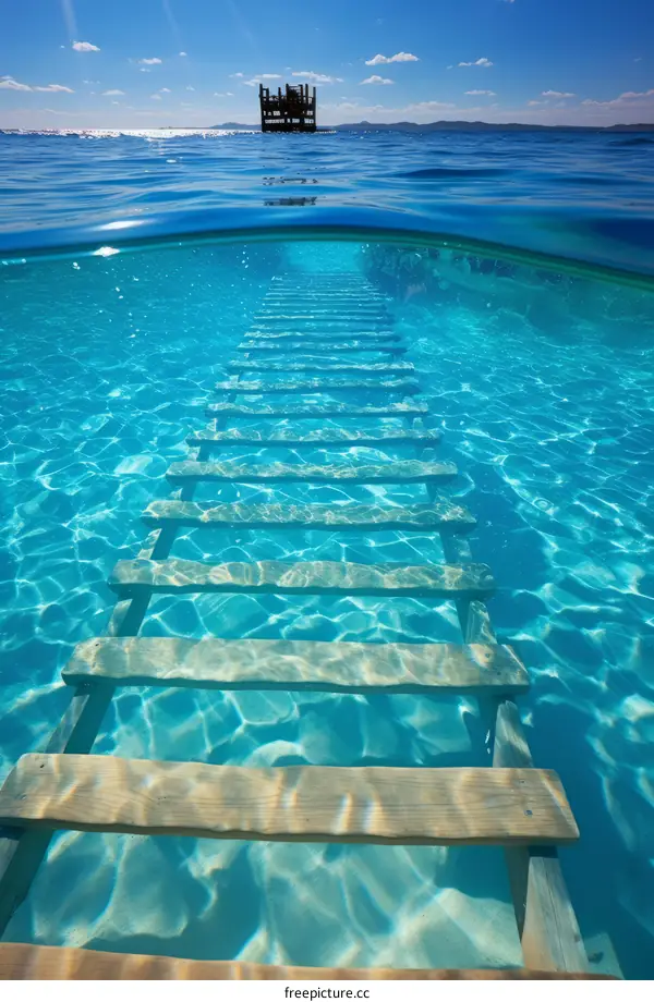 Wooden Dock Walkway Half Underwater, Blue Sky, White Clouds
