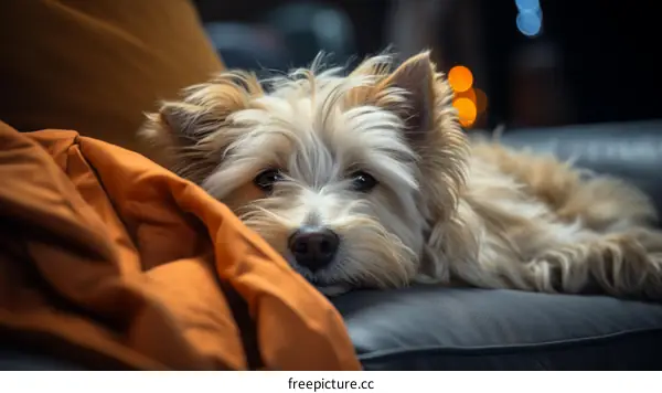 A cute dog is lying on the sofa with a blanket