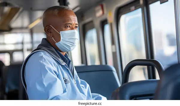 A bus driver wearing a surgical mask looks out the window