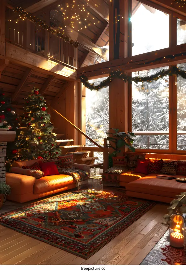 A cozy living room with a fireplace and a Christmas tree