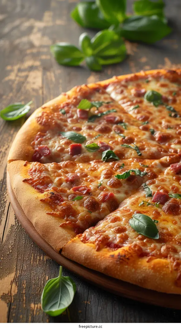 A delicious pizza with ham and basil