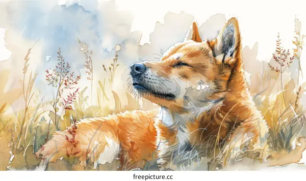A Serene Dog Relaxing in a Sunlit Meadow