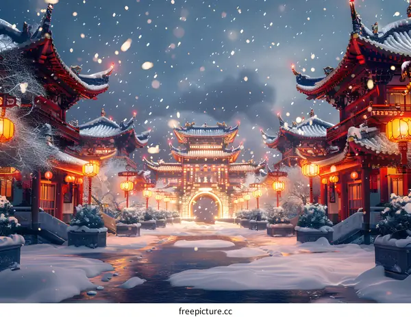 Ancient Chinese architecture in the snow