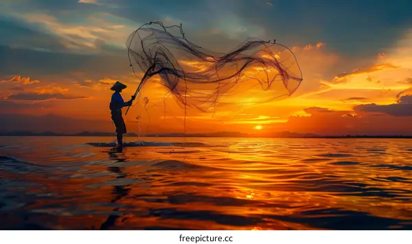Fisherman silhouette at sunset with net in lake