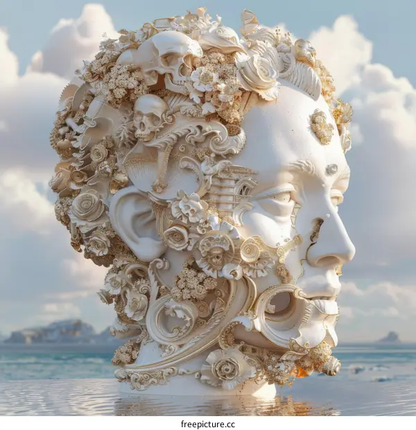 Surreal sculpture of a man's head with flowers, skulls, and other objects emerging from it