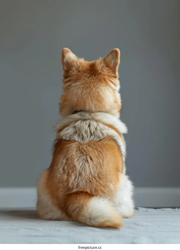 Fluffy orange dog sitting on a gray background