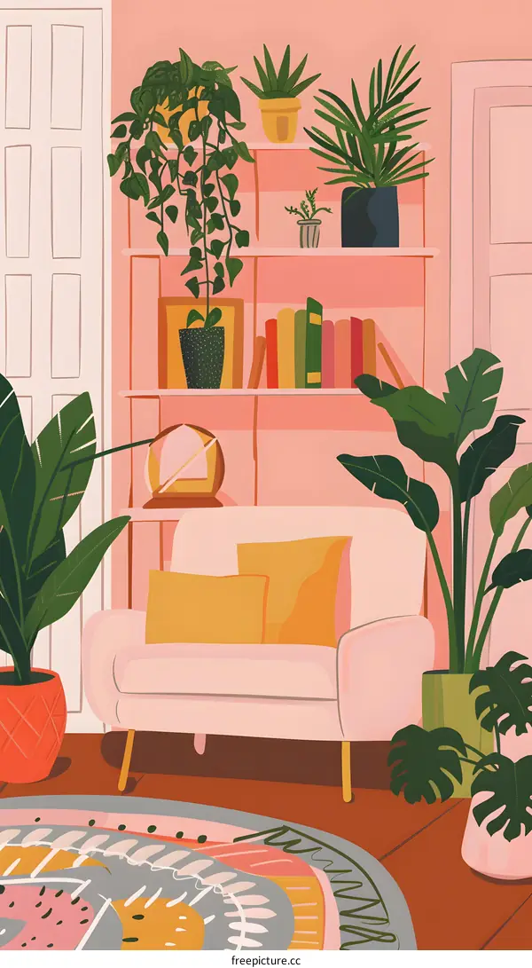 Illustrated Living Room with Pink Walls and Plants