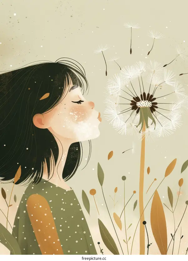 Little girl blowing dandelion seeds in the wind
