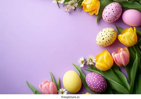 Easter Decorations on a Pastel Purple Background