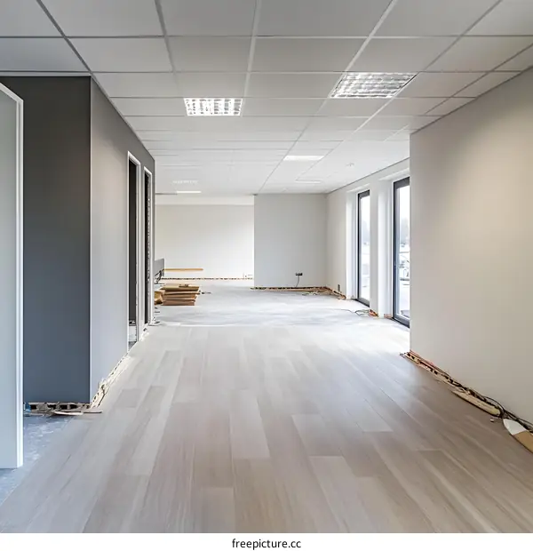 Empty Office Room with Grey Walls and New Wood Flooring