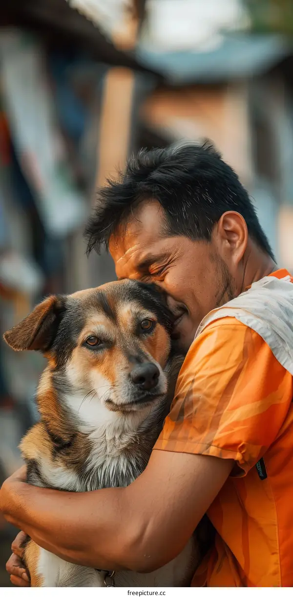 A man and his dog share a loving moment