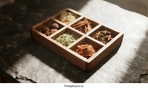 Wooden Spice Box with Various Aromatic Spices on Stone Table