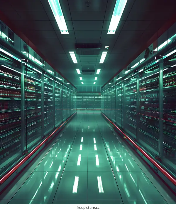 Empty Supermarket Aisle With Fluorescent Lights