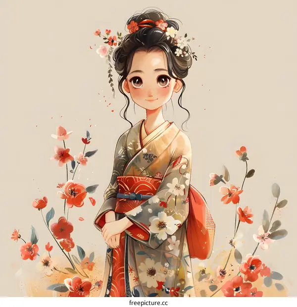 A cute girl in a kimono standing in a field of red flowers