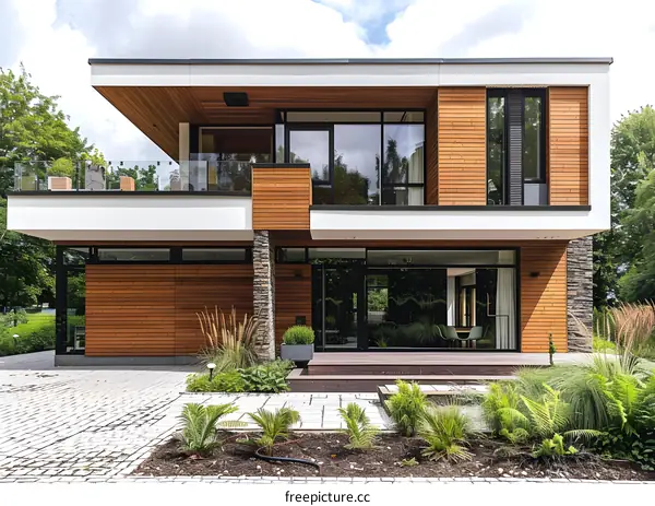 Modern Luxury Home Exterior with Wood Siding and Stone