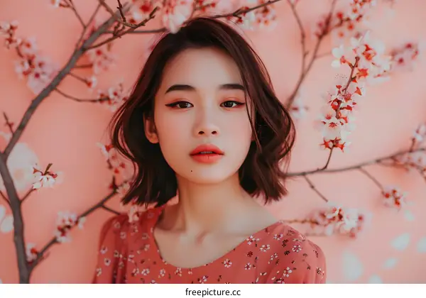 Beautiful Asian Woman Posing in Front of Pink Cherry Blossoms