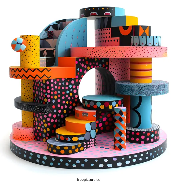 Colorful 3D structure with polka dots and patterns