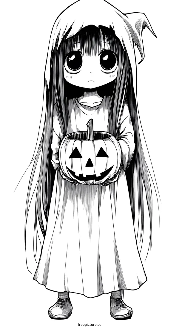Halloween Illustration of a Girl in a Ghost Costume Holding a Pumpkin