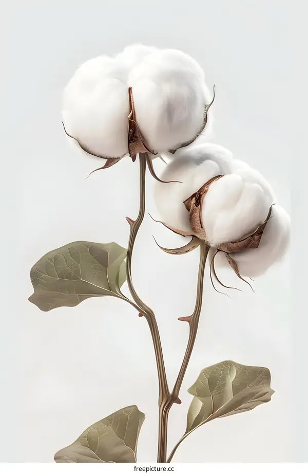 White Cotton Plant Branch With Green Leaves