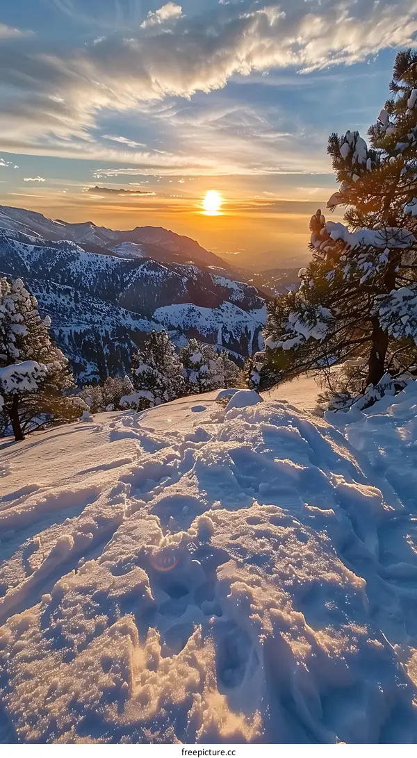 Snowy Mountain Sunset View From Above
