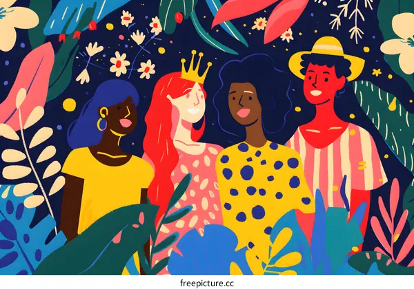 Diversity in Nature Illustration of Four Friends in a Garden