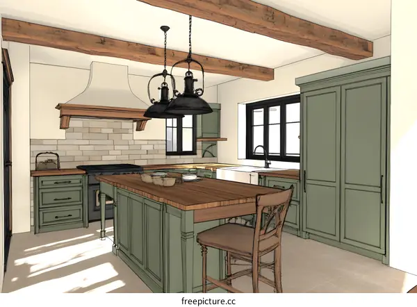 Kitchen Interior Design with Green Cabinets and Wood Beams