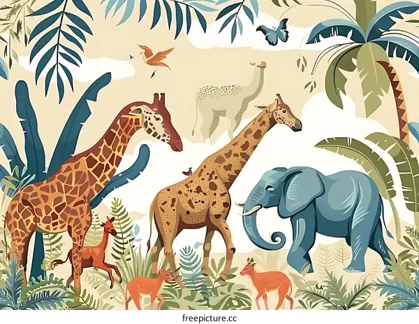 Jungle Animals Illustration with Giraffes, Elephant, and Palm Trees
