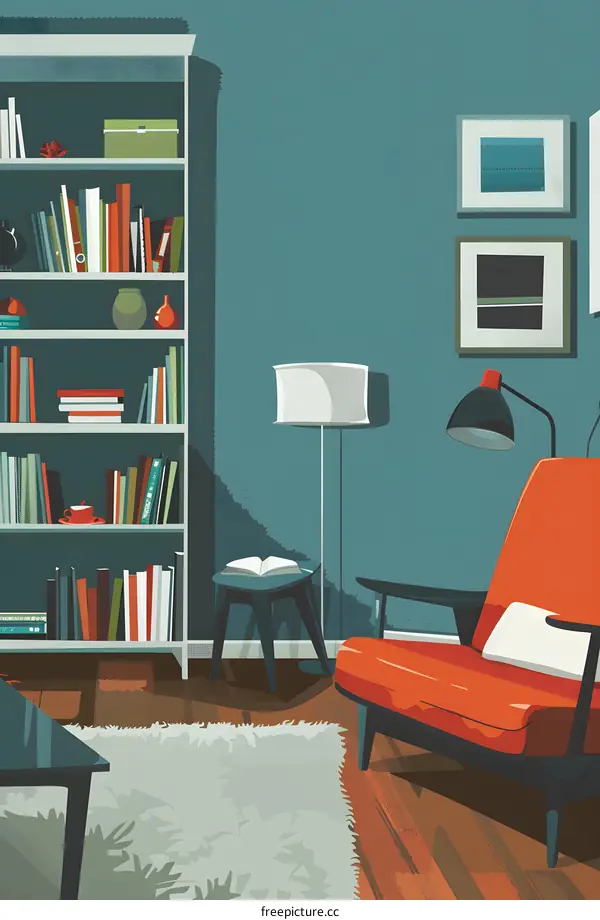 Cozy Living Room with Red Armchair and Bookshelf