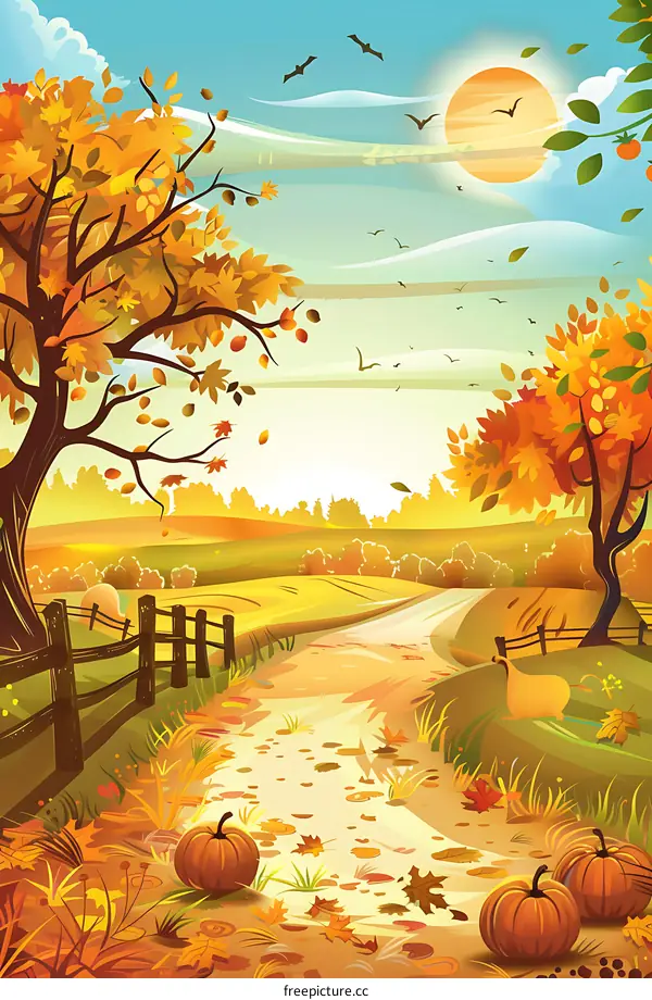 Autumn Landscape with Pumpkins and a Winding Path