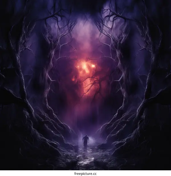 A lone figure walking through a dark forest with a light in the distance