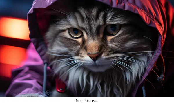 A Fluffy Cat Wearing a Purple Coat