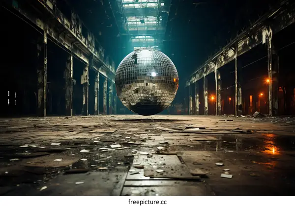 Disco ball in an abandoned warehouse