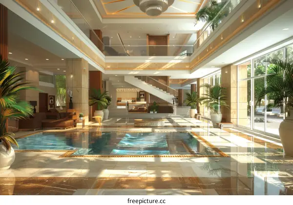 Luxurious Hotel Lobby with Indoor Pool and Tropical Decor