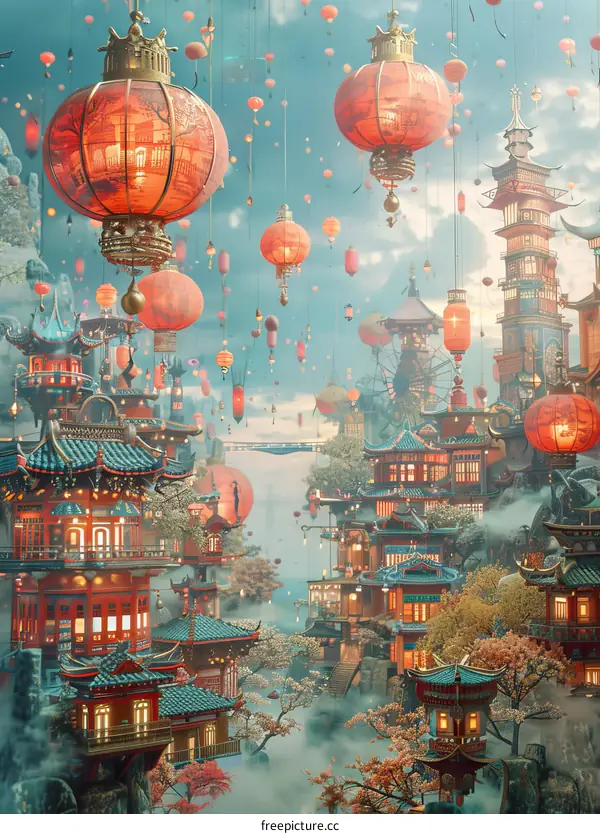 Fantasy Chinese Cityscape with Lanterns