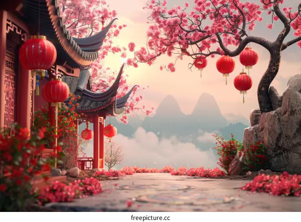 Exquisite Ancient Chinese Architecture with Cherry Blossoms in Full Bloom