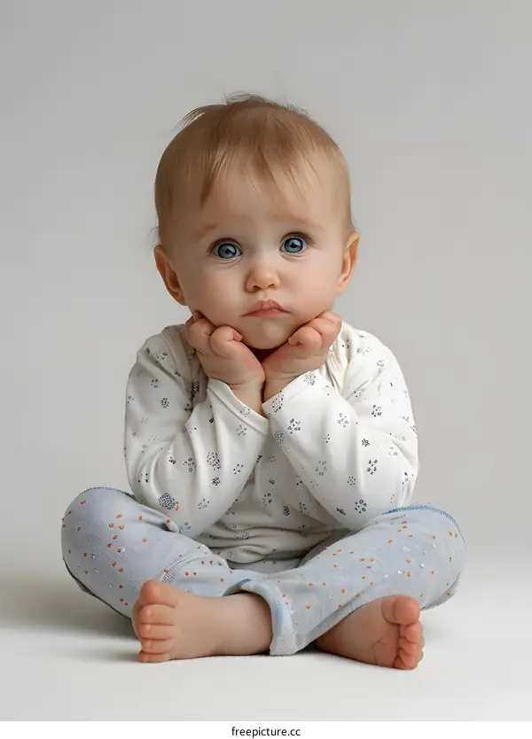 Portrait of a cute baby girl with blonde hair and blue eyes
