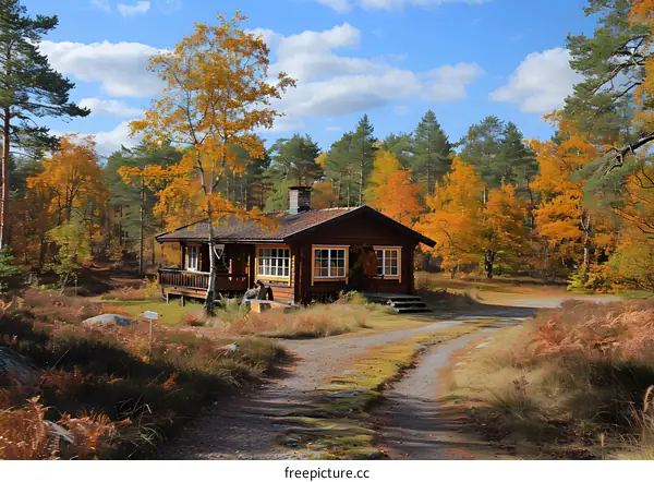 Wooden cabin in autumn forest