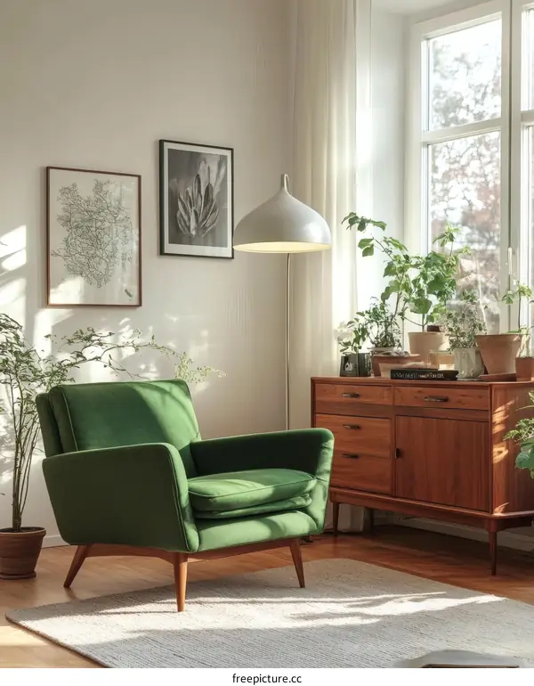 Green Velvet Armchair in a Cozy Living Room