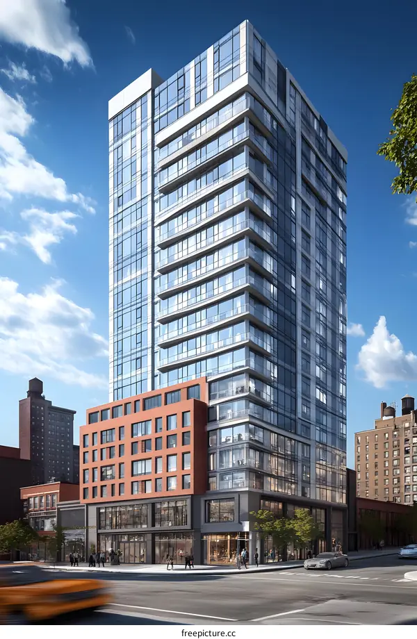 Modern Skyscraper Building with Glass Facade and Brick Base