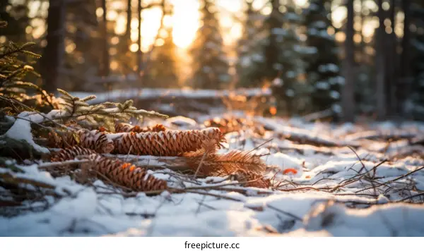 Close up of pine cones and snow in the woods during winter