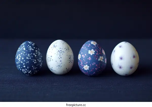 Four Decorated Easter Eggs on Dark Background