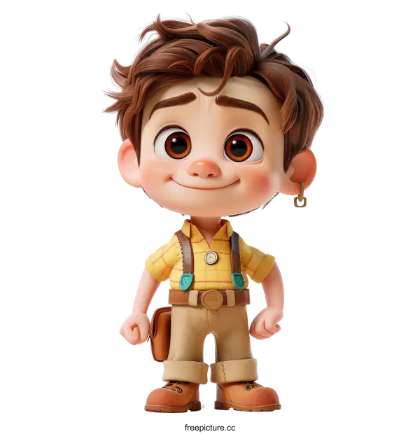 [Transparent Background PNG]A 3D Rendering of a Young Boy with Brown Hair Wearing a Yellow Shirt and Brown Pants