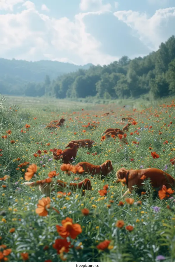 A beautiful field of red flowers with a pack of dogs