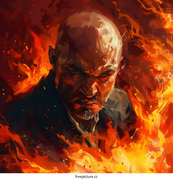 Portrait of a bald man with a beard and a red background