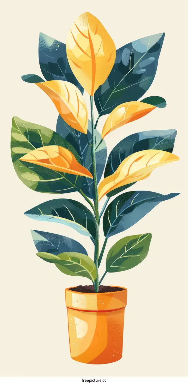 A beautiful illustration of a potted plant with yellow and green leaves
